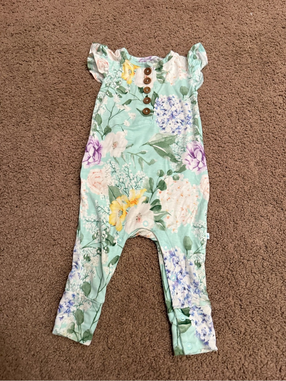 Posh Peanut Mint Floral Romper with Wooden Buttons